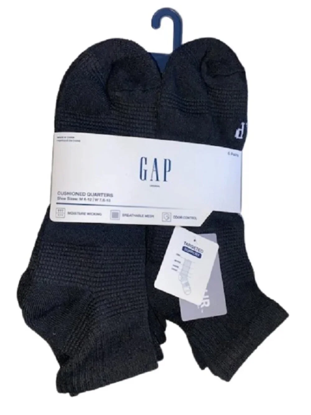 GAP 6 Pair Men's Black Cushioned Quarter Socks, Odor Control