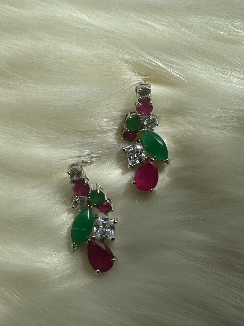 Silver Drop Earrings with Green and Pink Gemstones