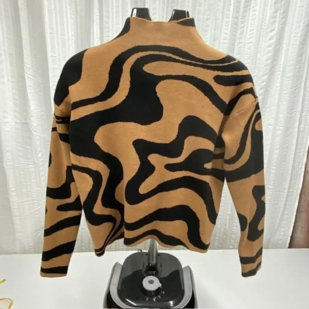 Christian Siriano New York XS Abstract Mock Neck Knit Sweater Tan Black Womens