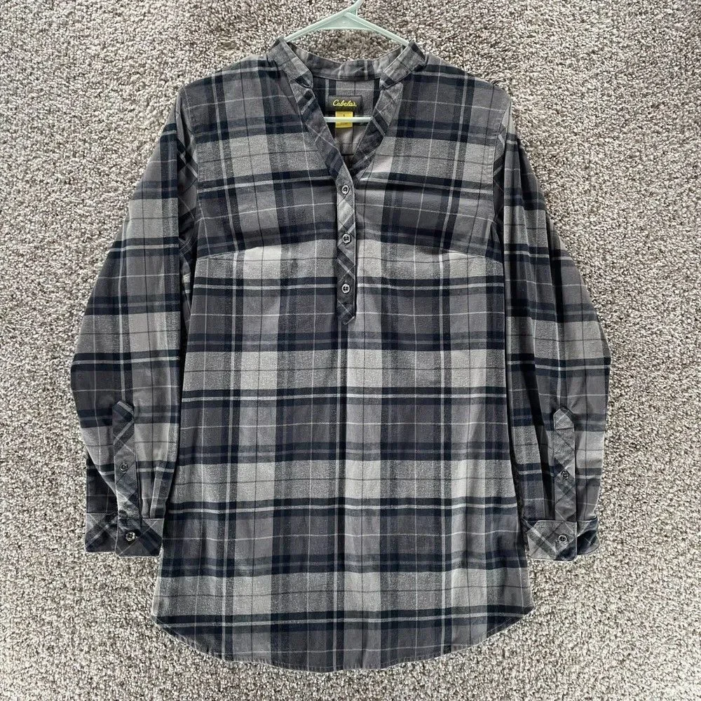 Cabela's Shirt Womens Small‎ Grey Plaid Tunic Pullover Outdoors Casual Cotton