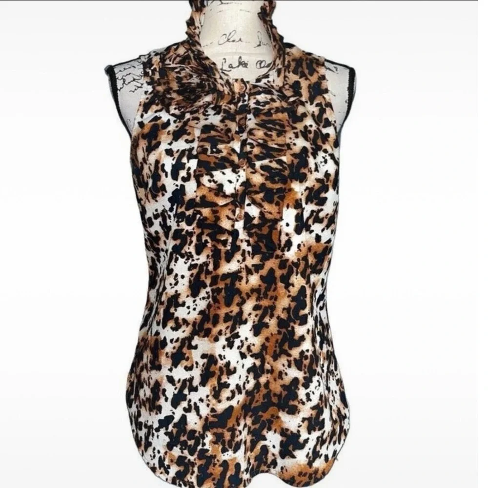 New York Company Sleeveless Ruffle Collar Leopard Print Blouse Women's Medium‎