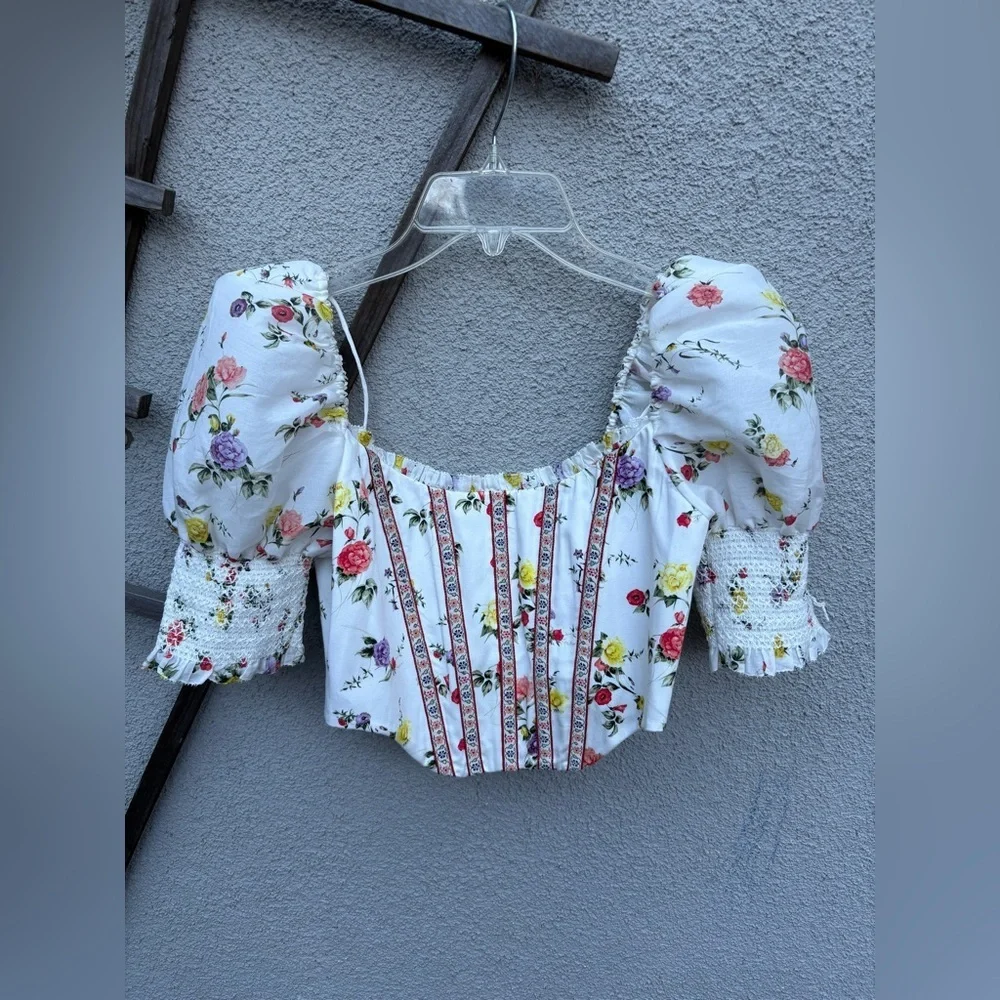 Alice + Olivia Audie Floral Puff-Sleeve Corset Top