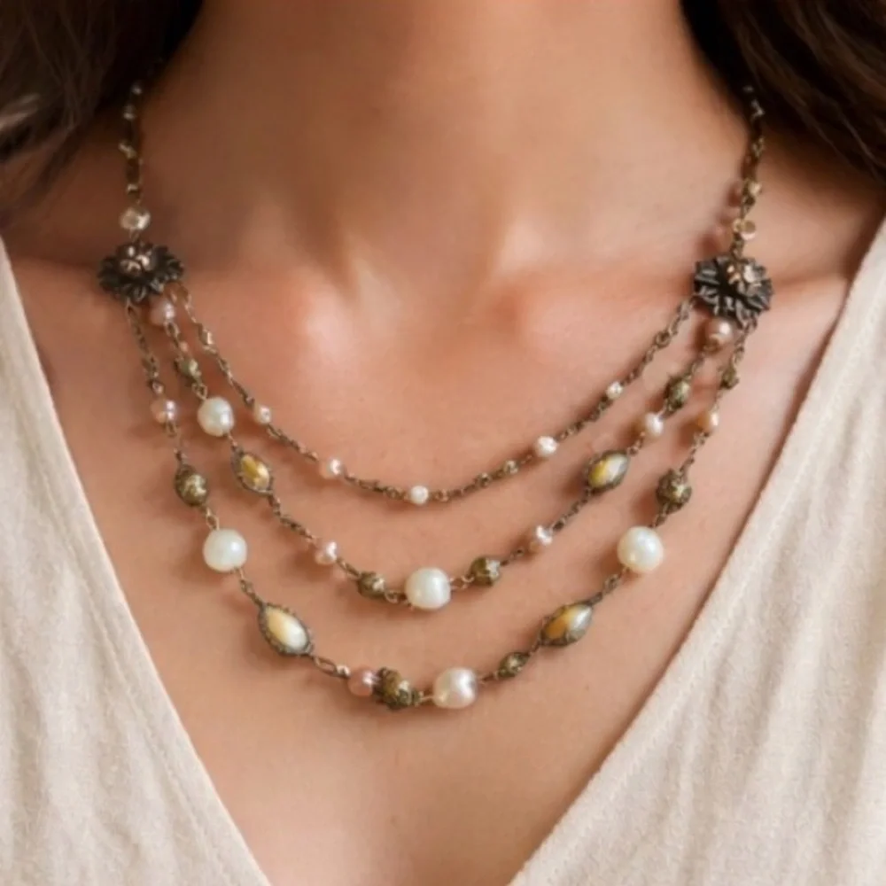 Vintage Opalite Pearl Layered Necklace Boho Romantic Filigree Floral Accent
