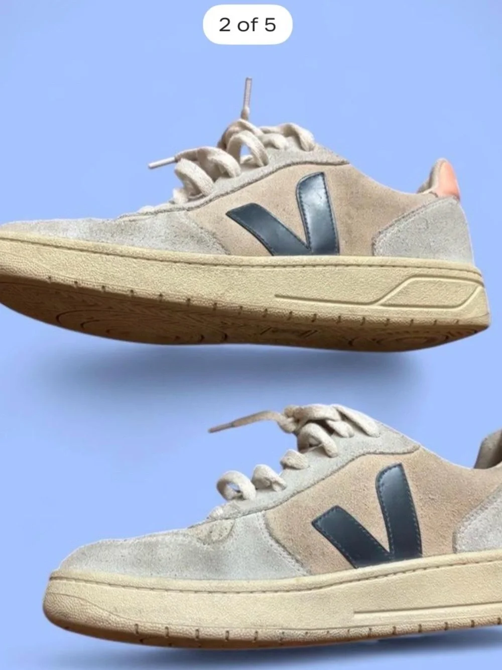 Veja Taupe Suede Sneakers with Blue V and Coral Heel