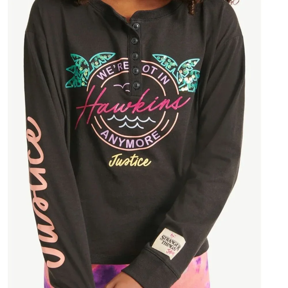 Justice Girls M STRANGER THINGS Long Sleeve Black Henley Shirt SIZE 10 NEW