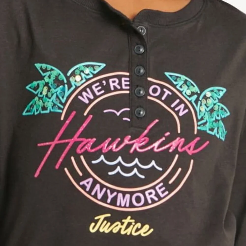 Justice Girls XS STRANGER THINGS Long Sleeve Black Henley Shirt SIZE 5-6 NEW
