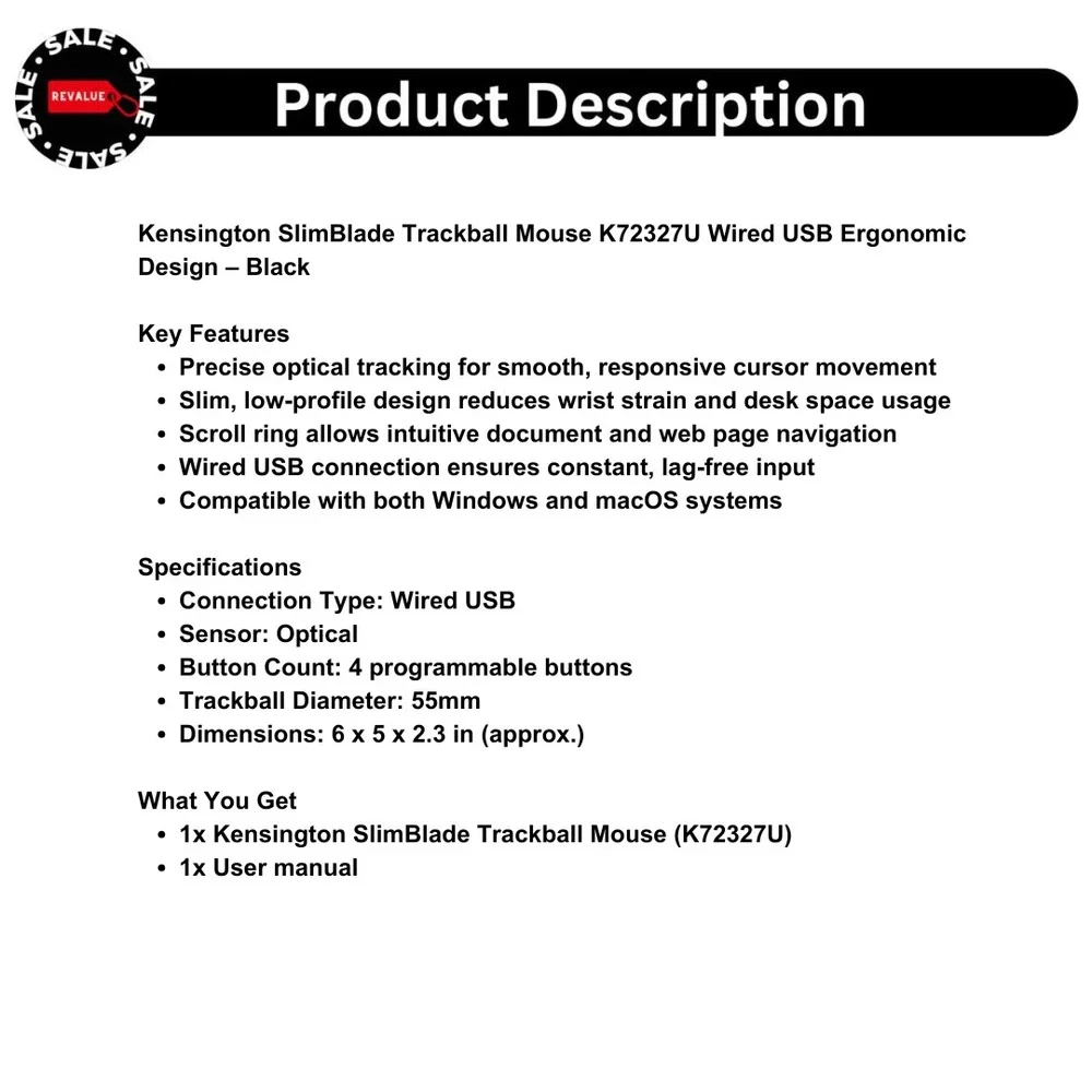 Kensington SlimBlade Trackball Mouse K72327U Wired USB Ergonomic‎ Design – Black