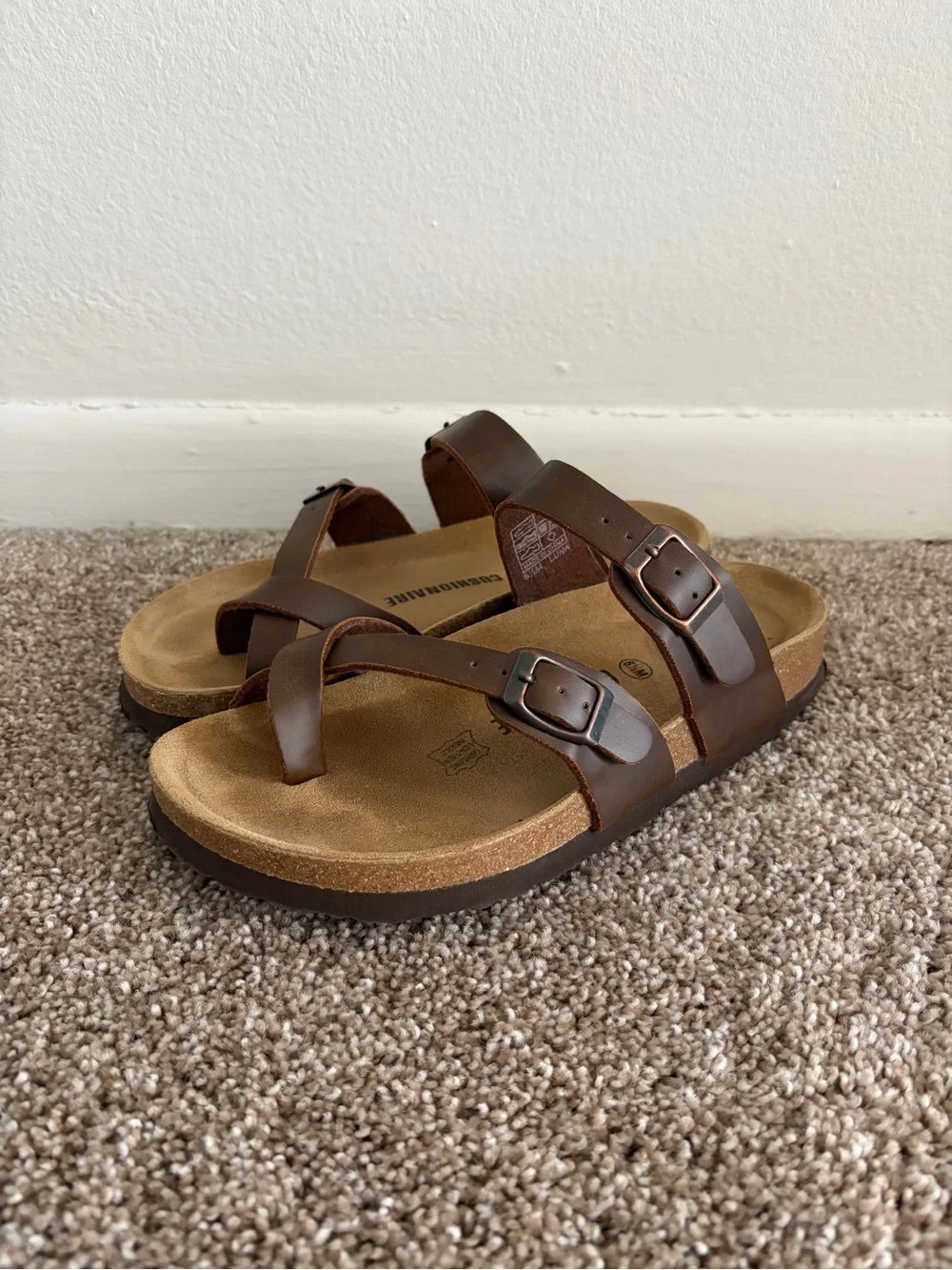 Women’s Brown Double-Buckle Toe-Loop Sandals