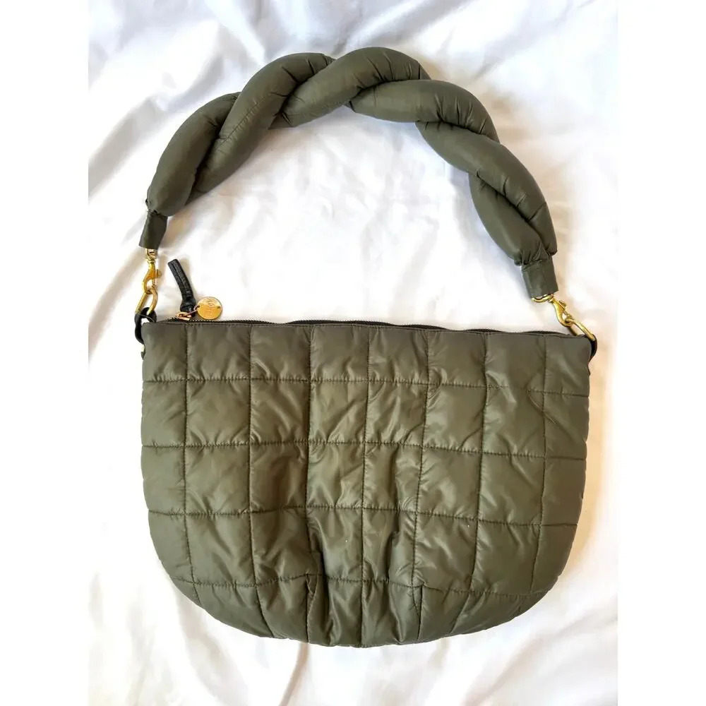 Rare Clare V Quilted Puffy Nylon Moyen Bag, Army Olive Green, Puffy Twist Strap