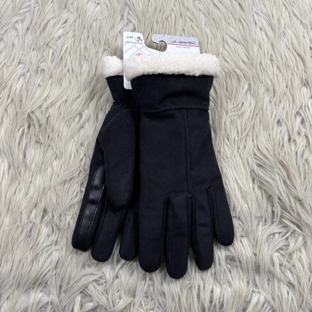 NWT Isotoner Women's S / M Black SmartDri Faux Suede Fleece Lined Gloves
