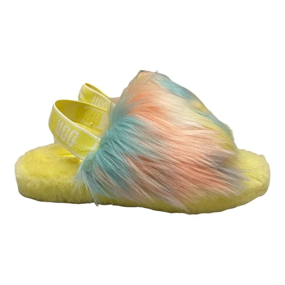 UGG Slippers Girls 4 Yellow Slides Fluff Yeah Tie Dye Lemonade‎ 1120033K Comfy