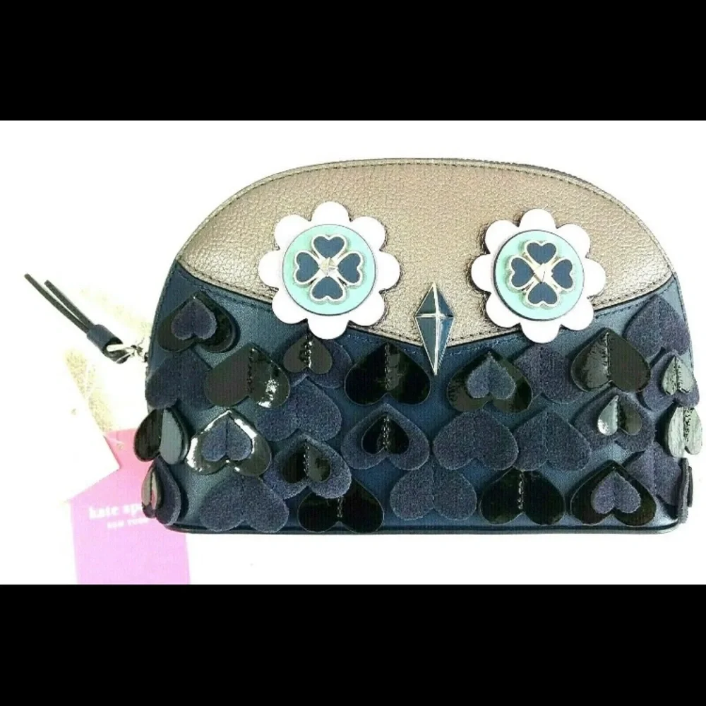 NEW Women Leather Kate Spade Medium Dome Cosmetic Blue Gray Lilac OWL, N…