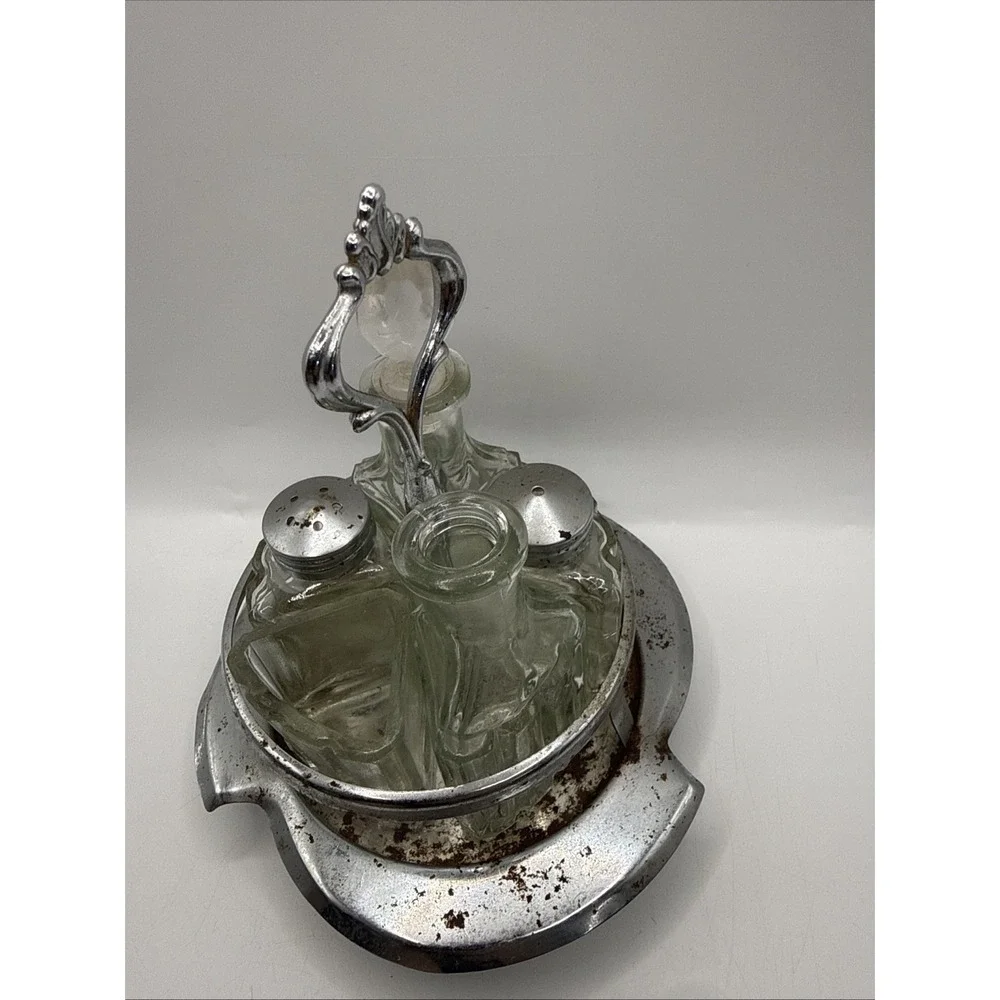Vintage Cruet Condiment Metal & Glass Set Salt/Pepper, Oil, Sugar With Stand