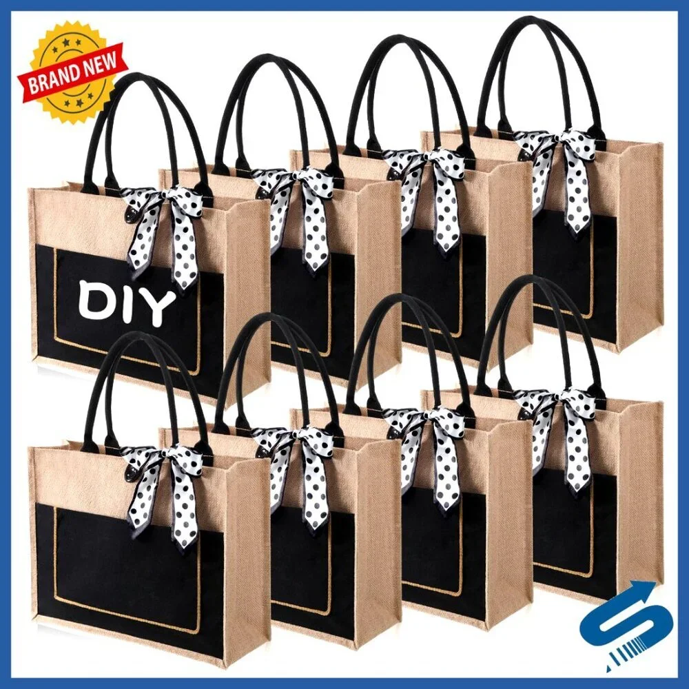 Large Jute Tote Bags Bulk Set with Handles Front Pocket DIY Blank Retro