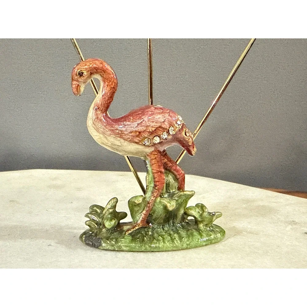 Vintage Flamingo Photo Memo Holder Stand Metal Display Desk Organizer Enamel