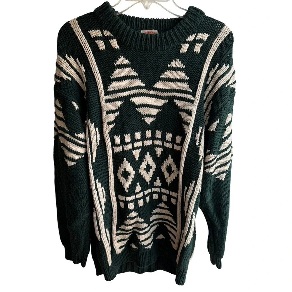 Vintage 1980's Banana Republic Chunky Knit Crewneck Aztec Pattern Sweater XL‎