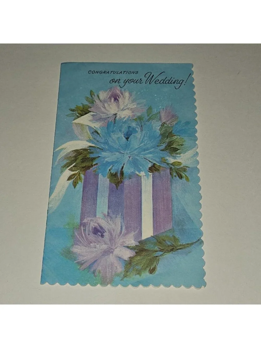 VTG Congratulations Wedding Greeting Card Scalloped Flowers Gift Blue NEVER USED