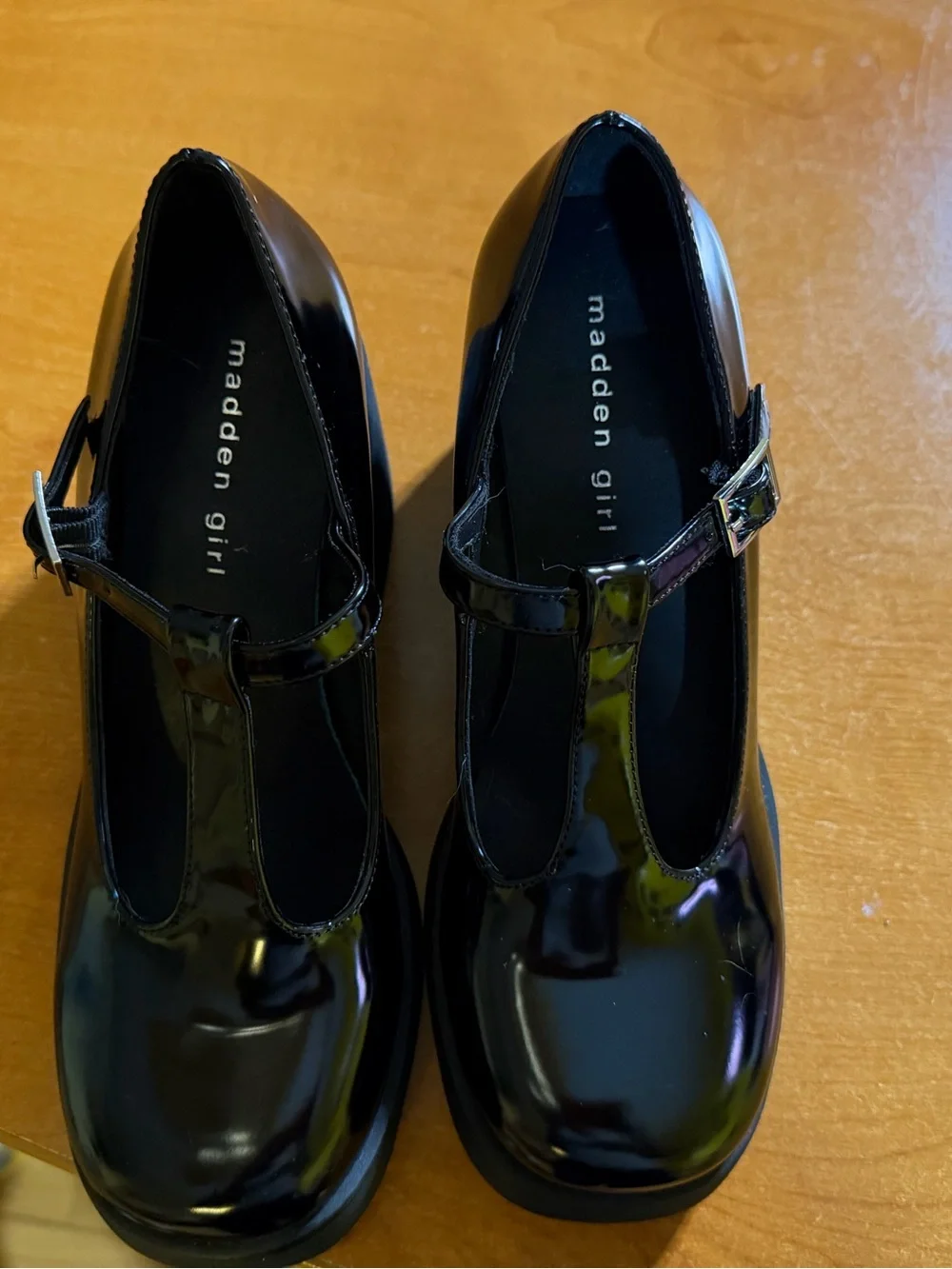 Madden Girl Black Patent T‑Strap Platform Mary Jane Heels