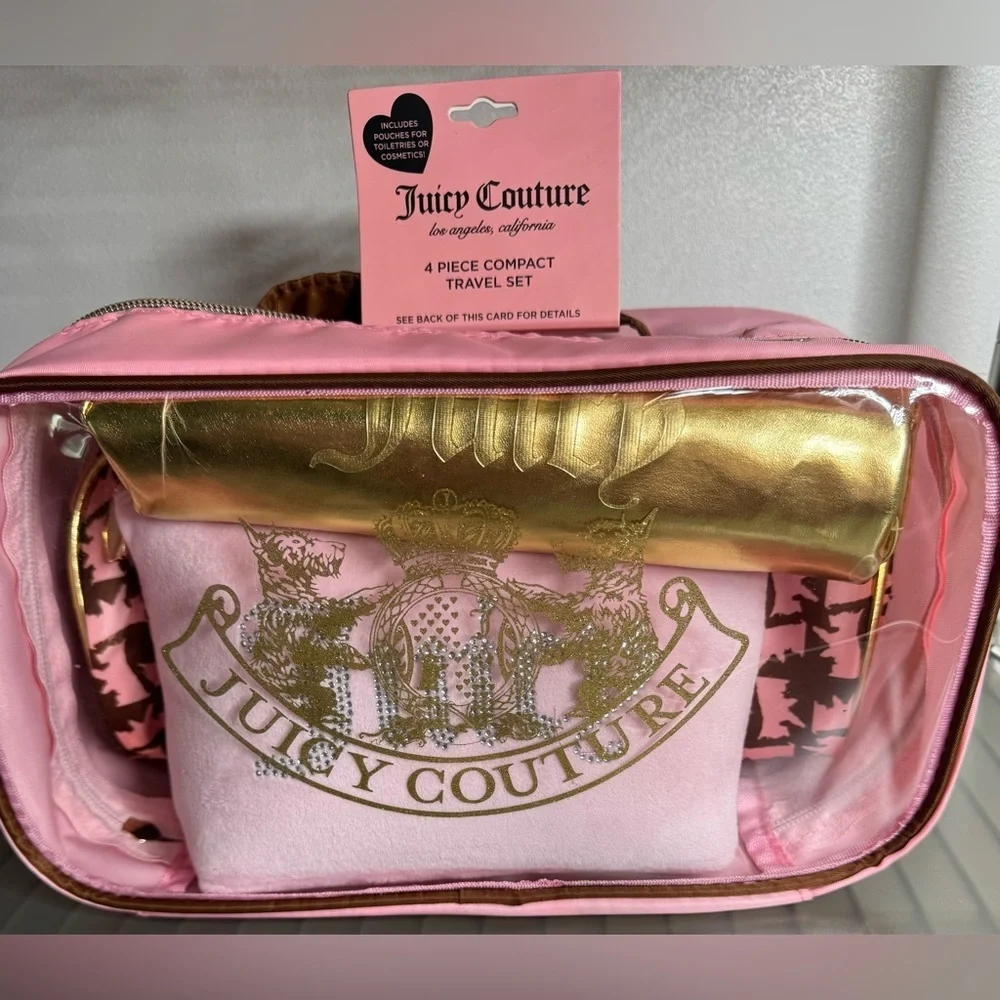 Juicy Couture Pink and Gold Compact travel Set cosmetic bags 4 count
