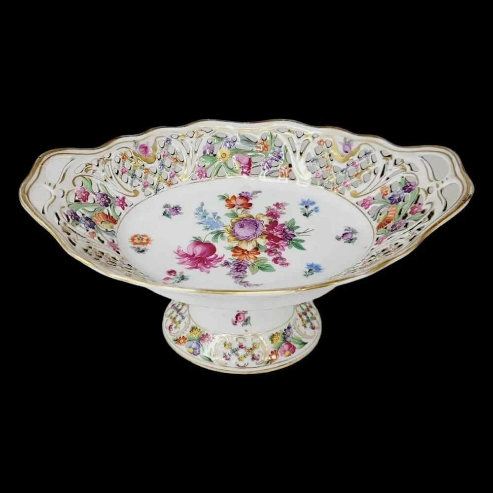 Dresden‎ Schumann Bavaria Candy Fruit Footed Pedestal Oval Floral Bowl Compote