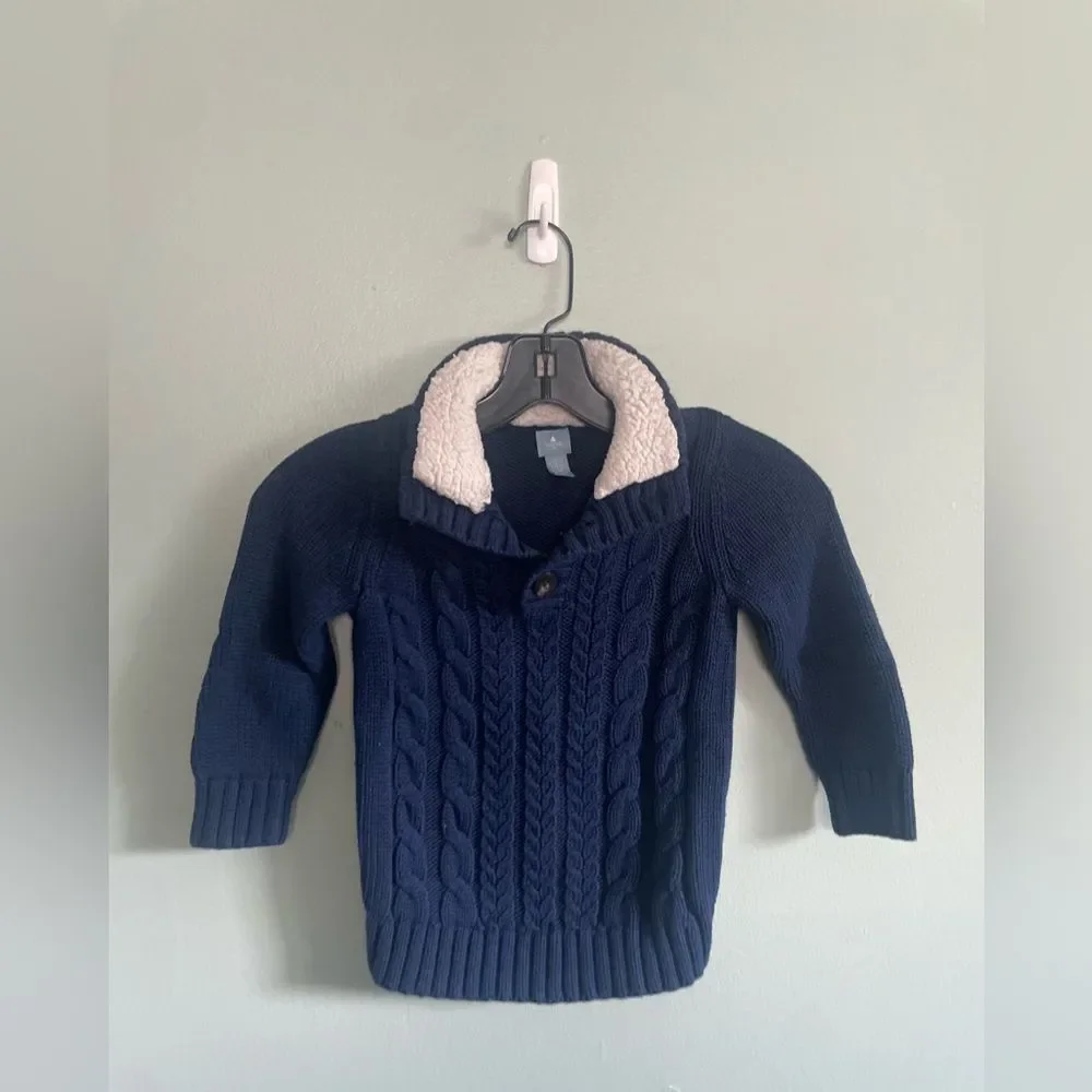 Baby Gap Navy Cable Knit Sweater with Cream Sherpa Collar Elbow Patches Sz 3T