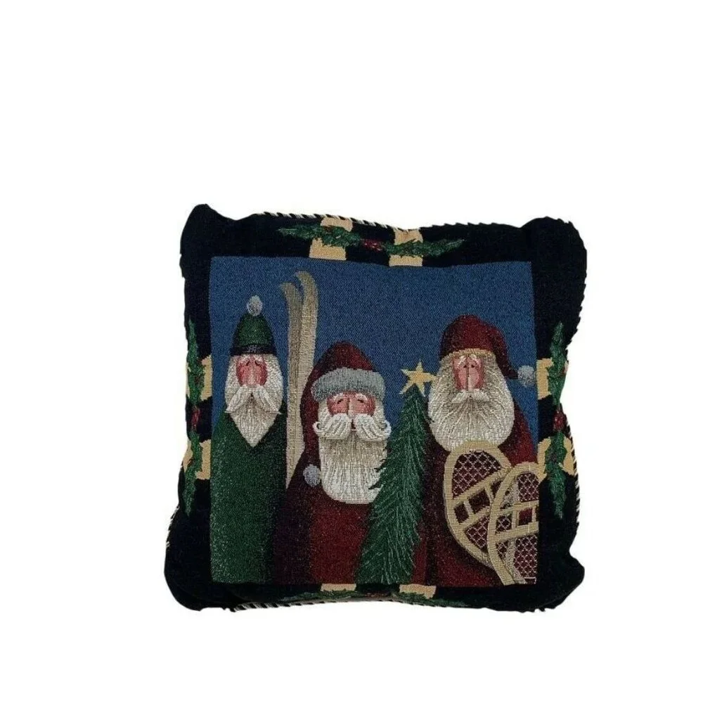 Christmas Tapestry Throw Pillow 3 Santas‎ Snowshoes Christmas Tree Holly 15