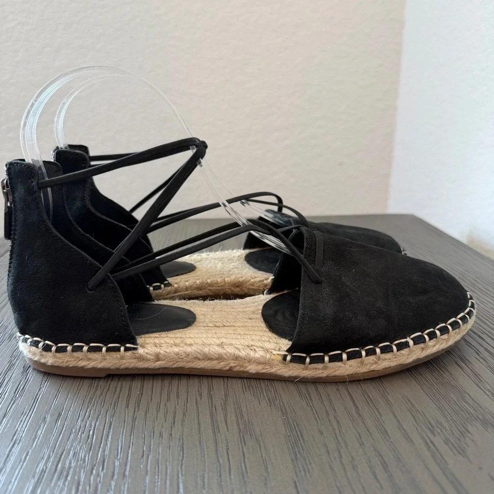 Eileen Fisher Black Suede Lace Up Espadrille Flats Back Zip Sandals‎ 7.5