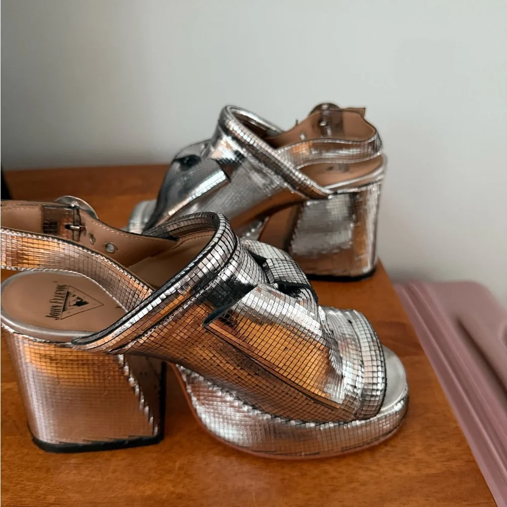 John Fluevog Silver Metallic Platform Slingback Sandals