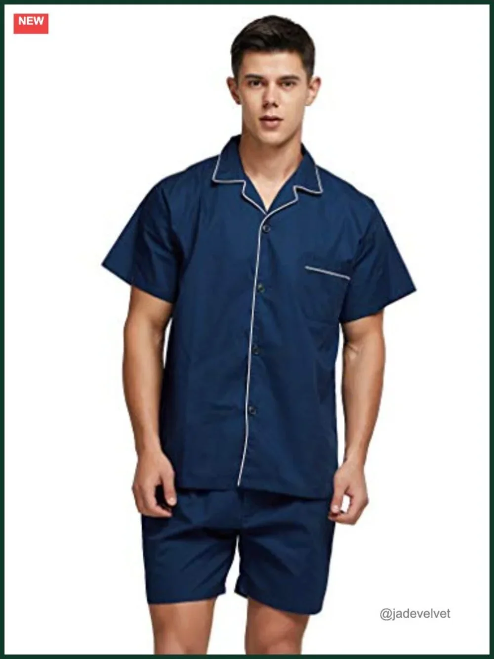 Mens Short Sleeve Pajama Set 100% Cotton Button Down Top Elastic Drawstring