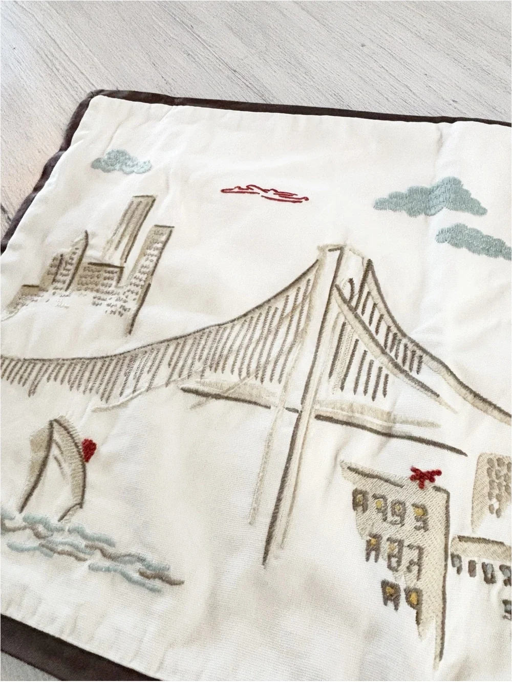 POTTERY BARN Ivory Brown Embroidered NEW YORK Lumbar 16