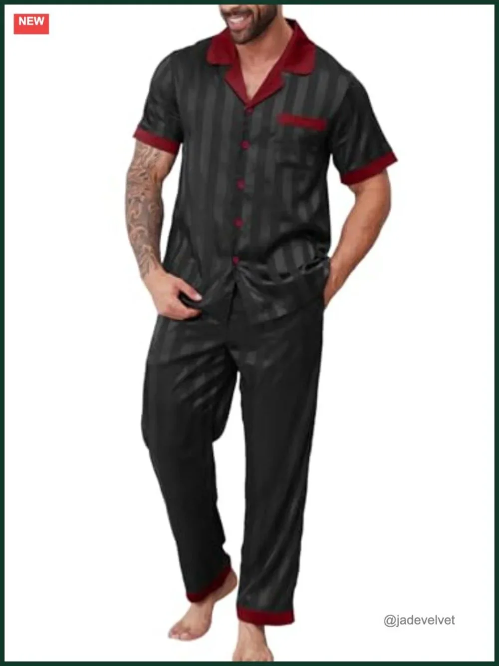 Men's Satin Pajama Set Short Sleeve Sleepwear with Long Pants
