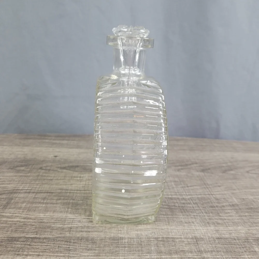 Vintage Clear Glass Decanter with Stopper Diamond Star Cut Pattern Liquor Bottle