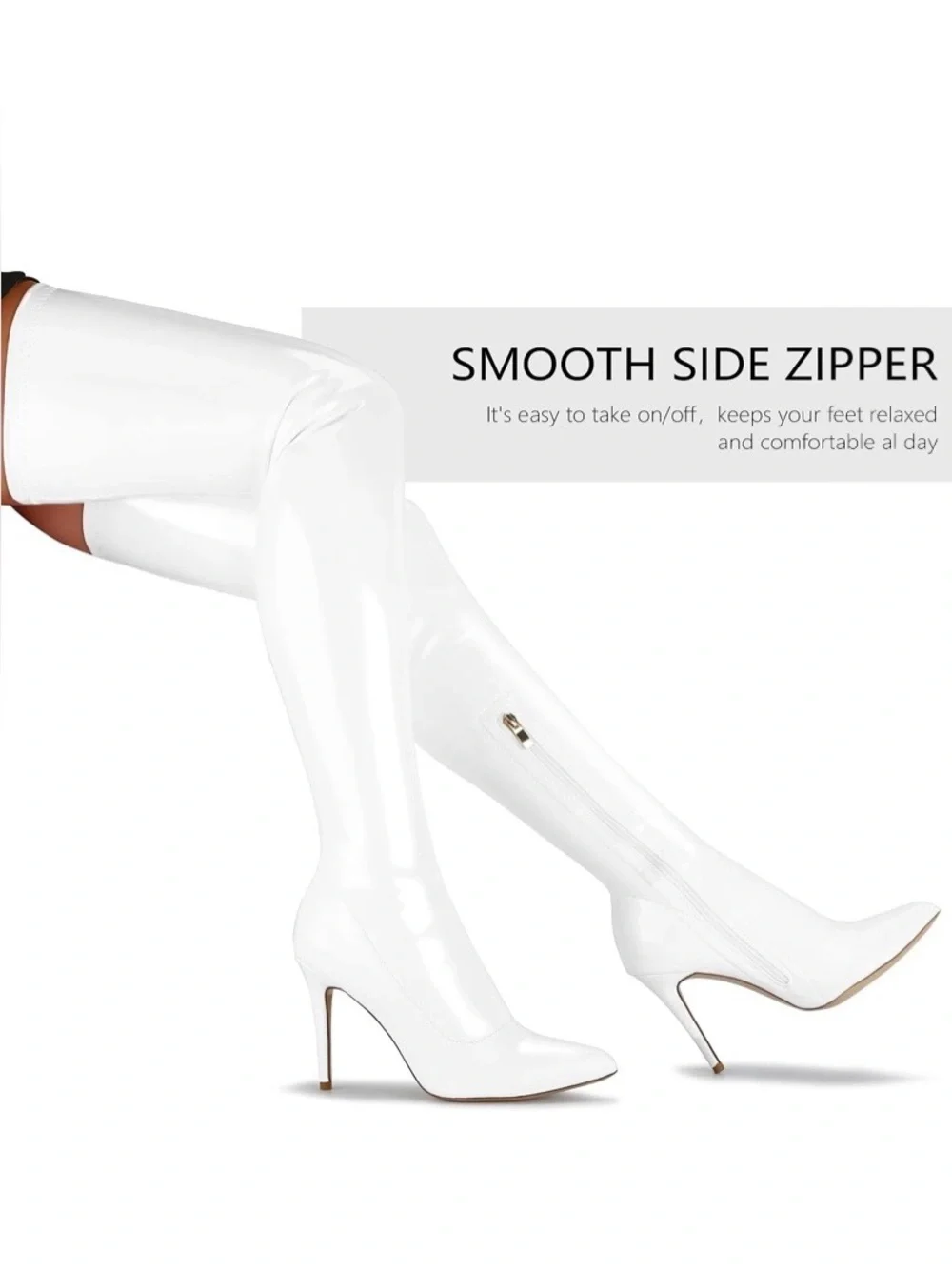 White Patent PU Leather Over-the-Knee Thigh High Stiletto Boots size 9- side zip