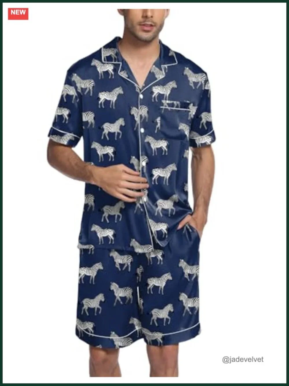 Men's Satin Pajamas Set Short Sleeve Button-Down Shirt & Shorts with Pockets