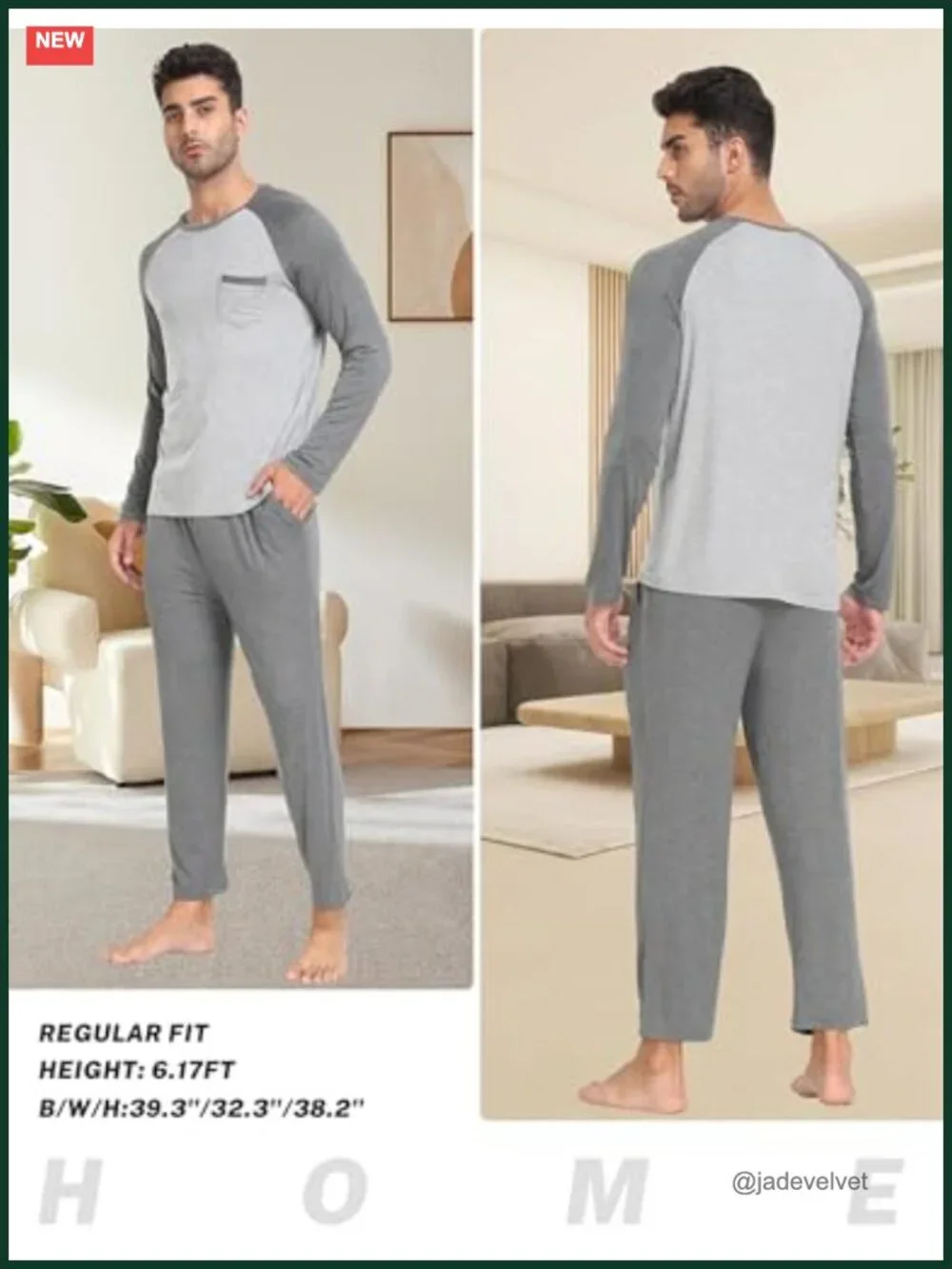 Mens Pajama Sets Comfy Long Sleeve Sleepwear Top Solid Pyjama Pants with Pocket