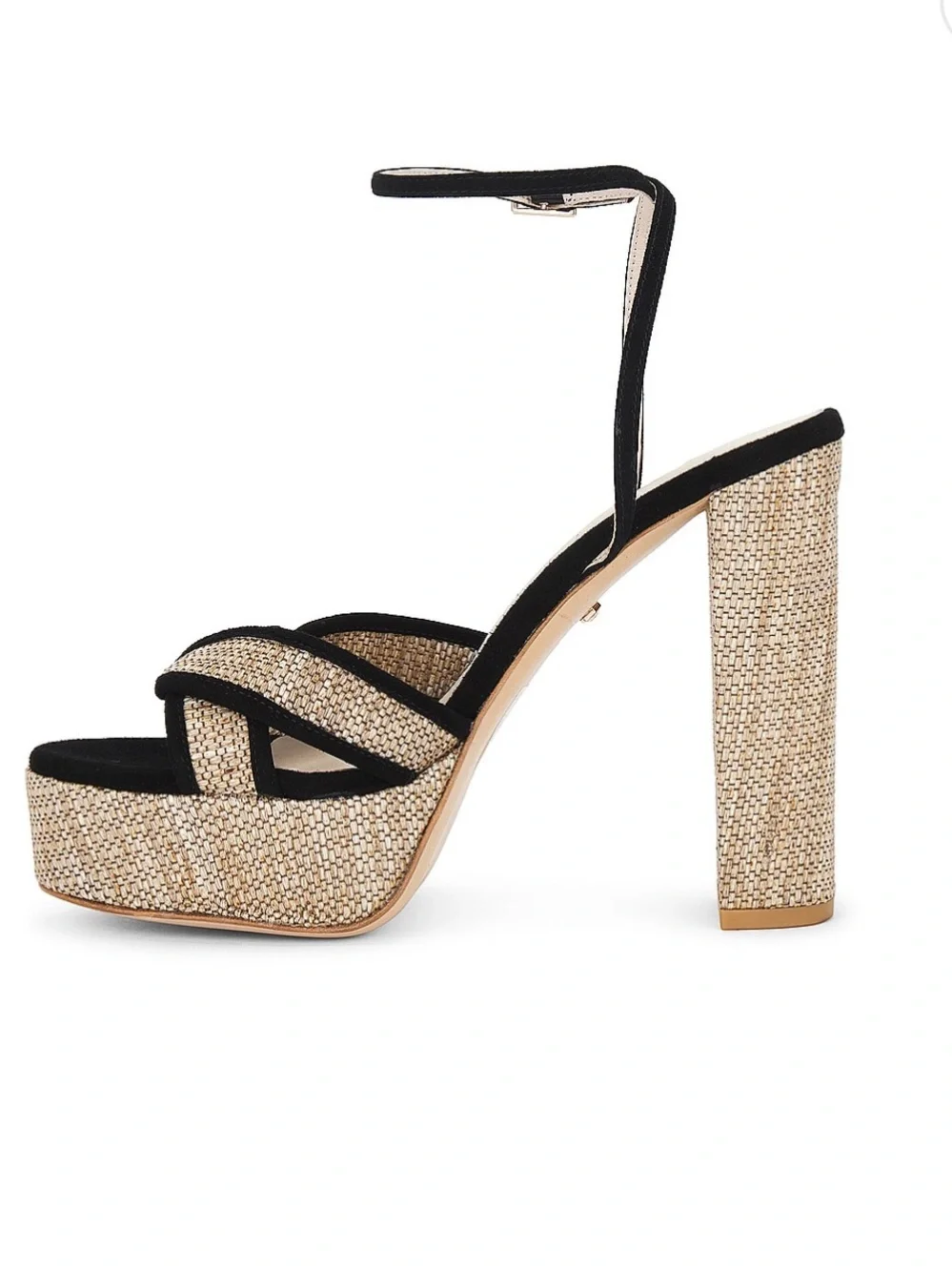 Cayden platform by RAYE Natural Raffia Platform Sandal with Black Trim