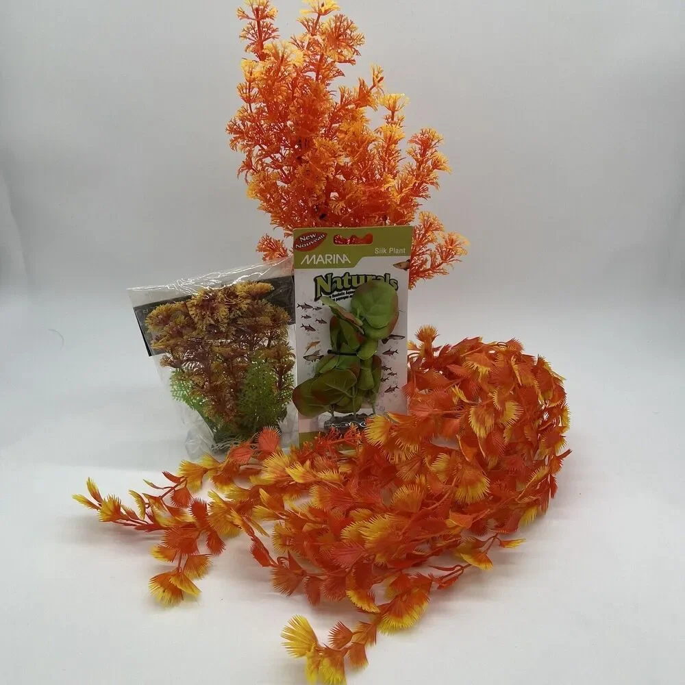 NWT Fish Aquarium Silk And Plastic Plants Bundle Of 4 Orange Green
