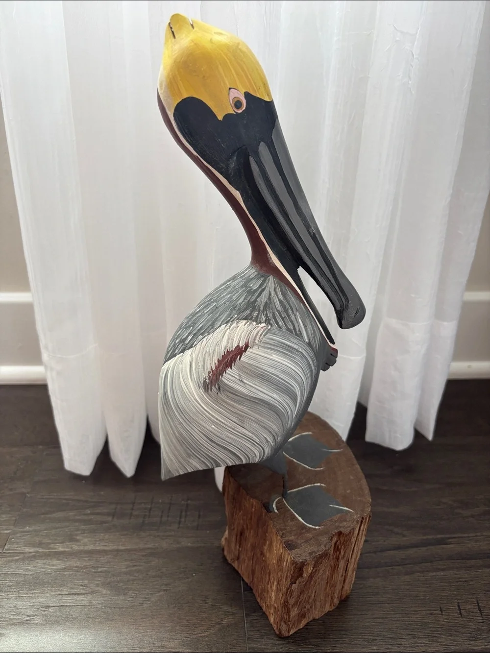 Casa Fernandez Vintage Hand Carved Hard Wood Painted perched Pelican,driftwood
