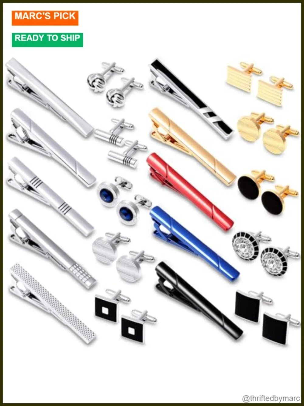 30 Pcs Cufflinks and Tie Clip Set - Brass Cuff Links Necktie Bar Clips for