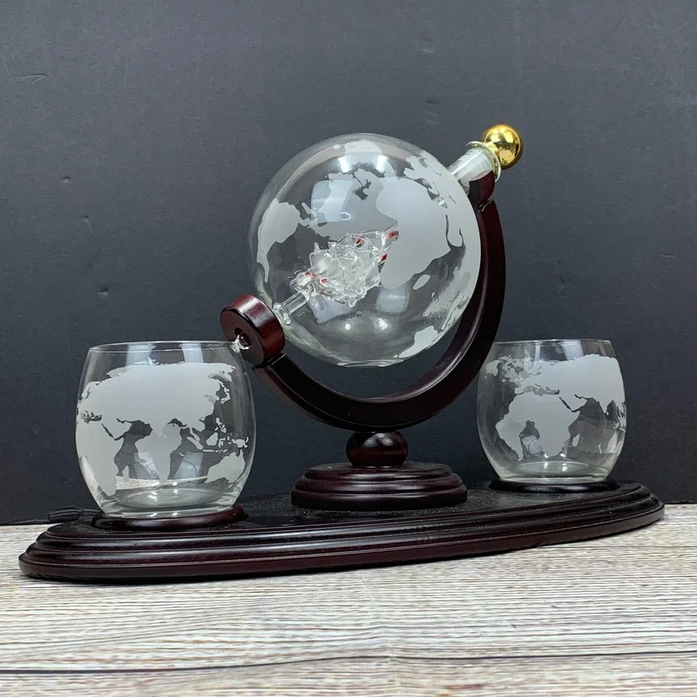 Globe Decanter Set Ship Inside 2 Etched World Map‎ Glasses Wooden Base