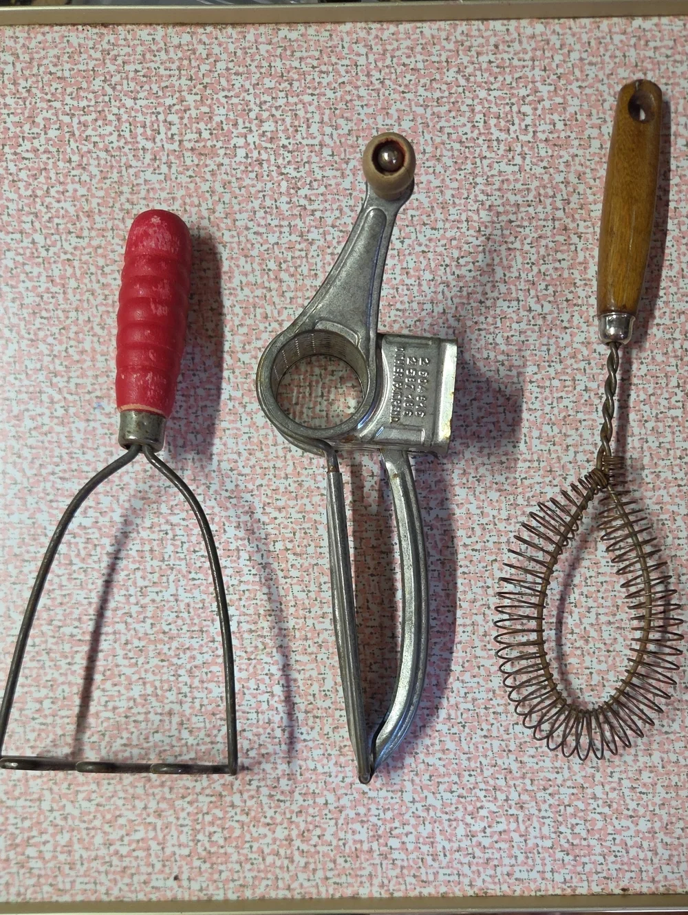 Kitchen Utensil Lot 3pc Mouli France Cheese Grater Masher Spring Whisk Wood Hand