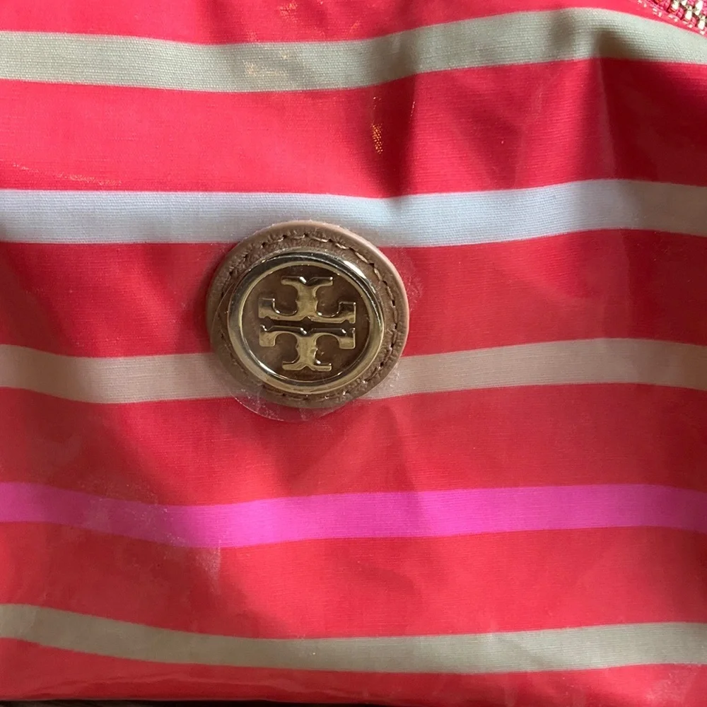 Tory Burch Pink Coral Striped Cosmetic Case with Gold Logo