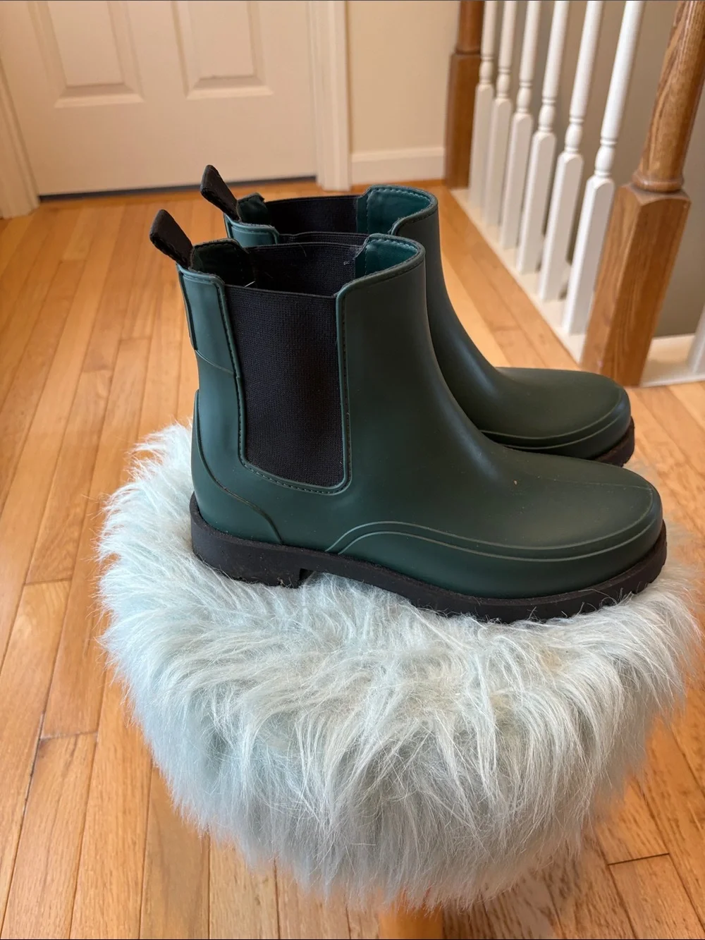 Bernardo Emerald Green Slip-On Chelsea Boots with Black Elastic rain boots