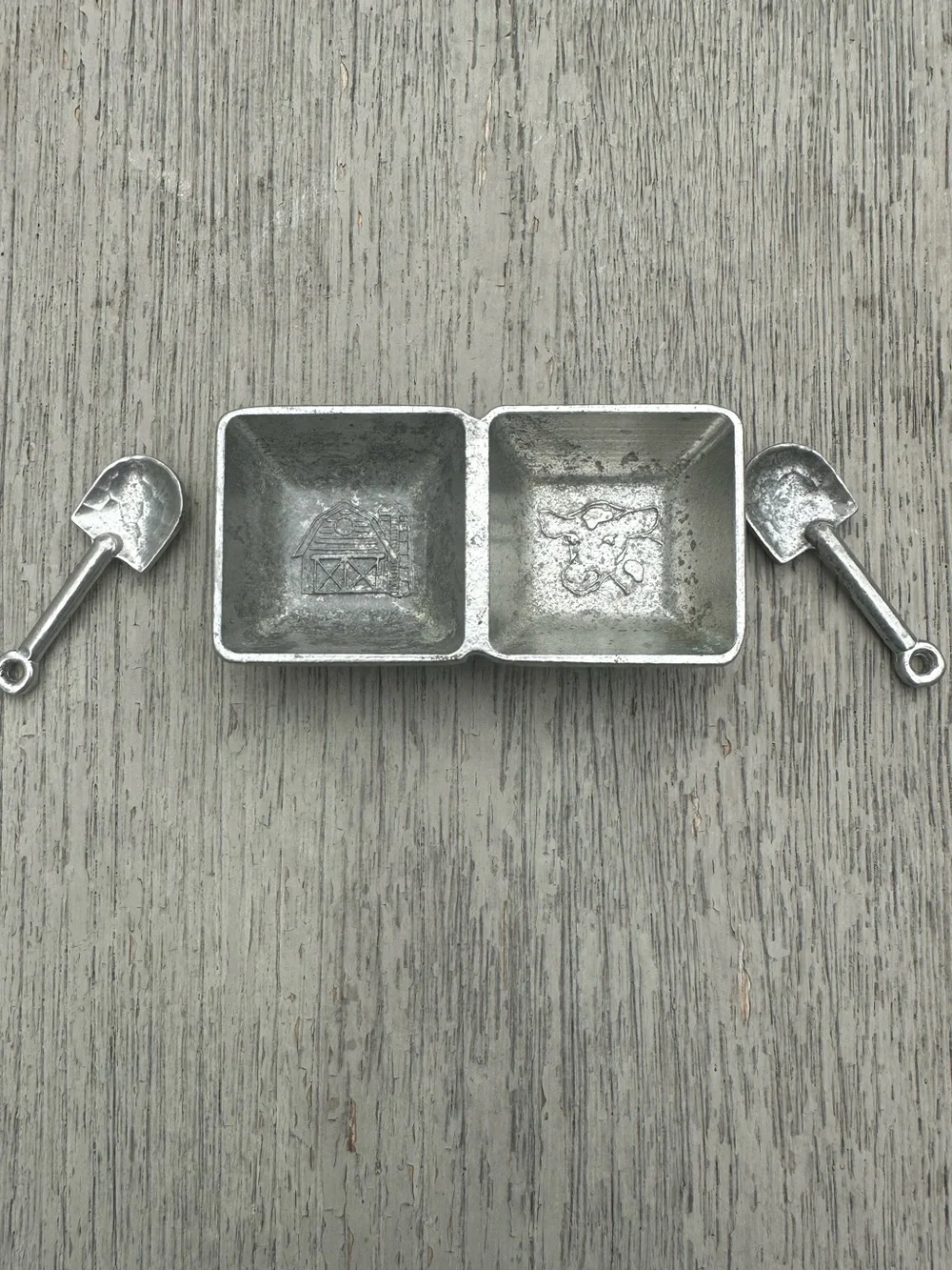 Vintage Style Pewter Double Open Salt Cellar or Dip 2 Miniature Shovel Spoons
