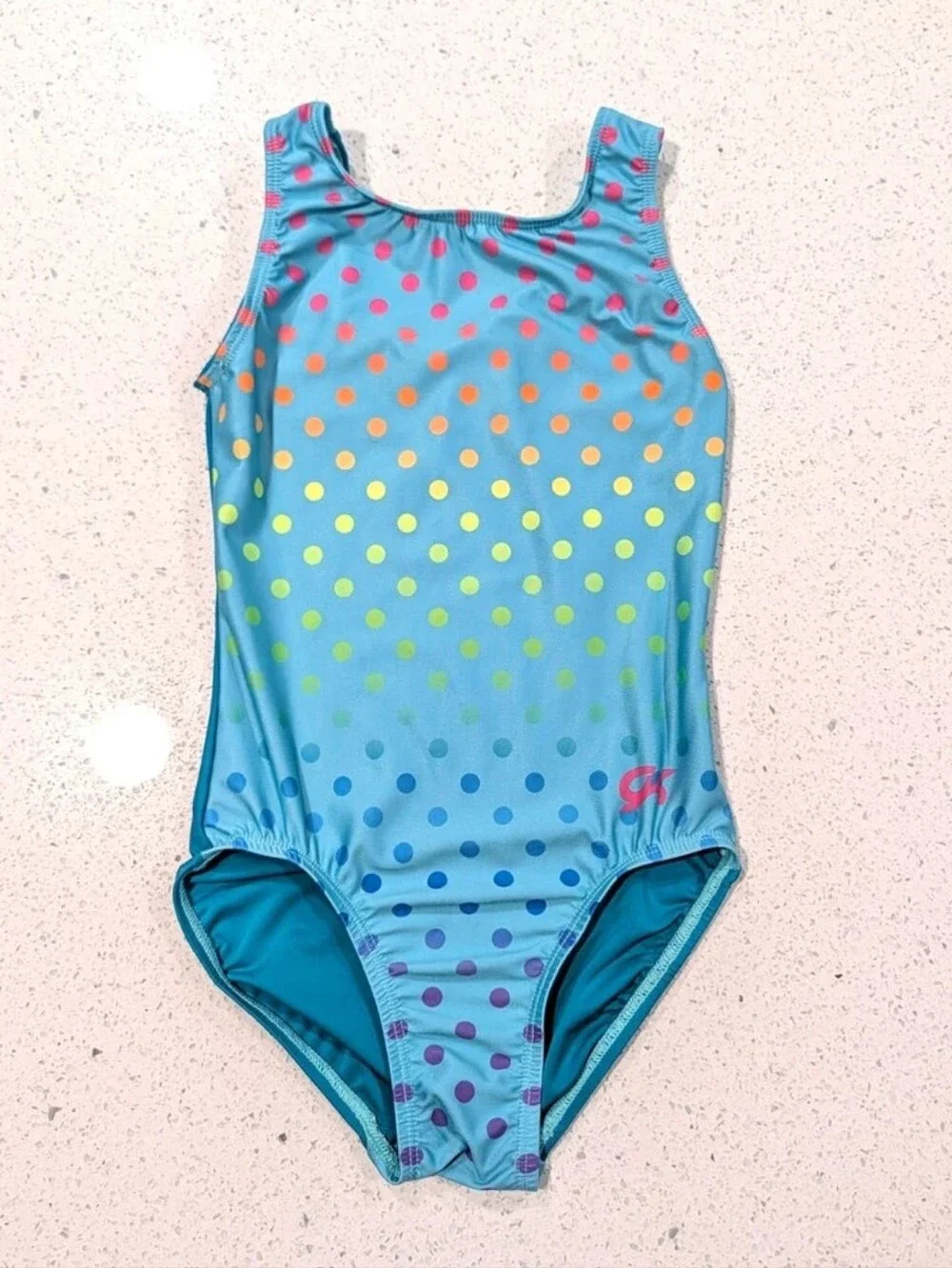 BIRTHDAY CONFETTI GK Elite CL Large gymnastics dance leotard Rainbow EASTER DOTS