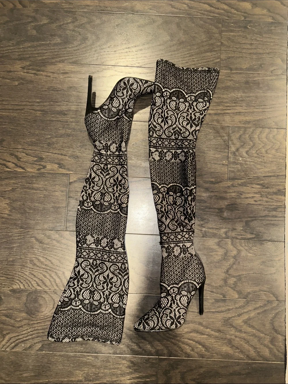 Steve Madden Black and Cream Lace-Pattern Over-the-Knee Stiletto Boots