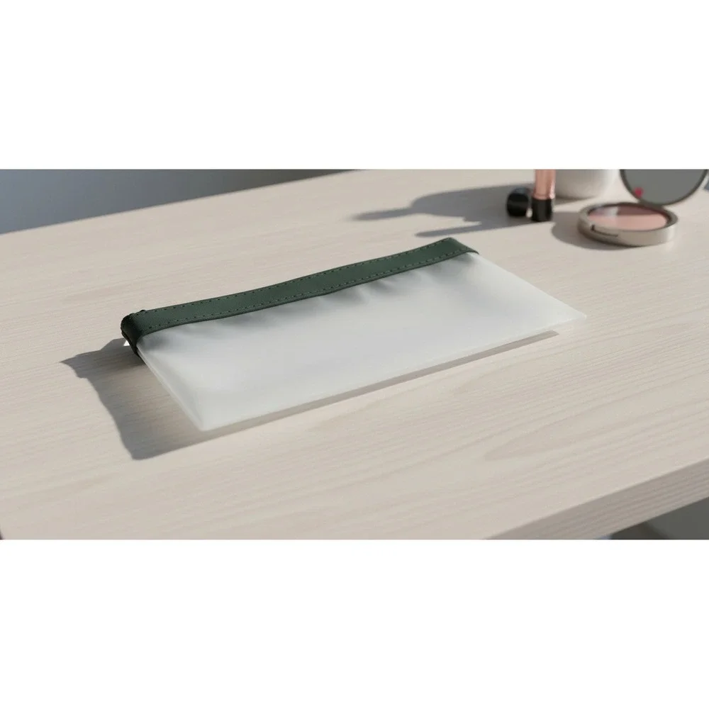 Slim Frosted Translucent Makeup Brush Pouch Dark Green Trim Zippered Travel Bag