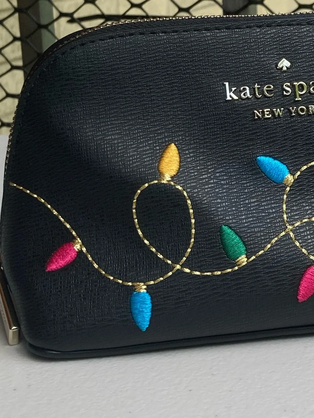 Kate Spade Holiday Christmas String Lights Makeup Cosmetics Bag Black Leather