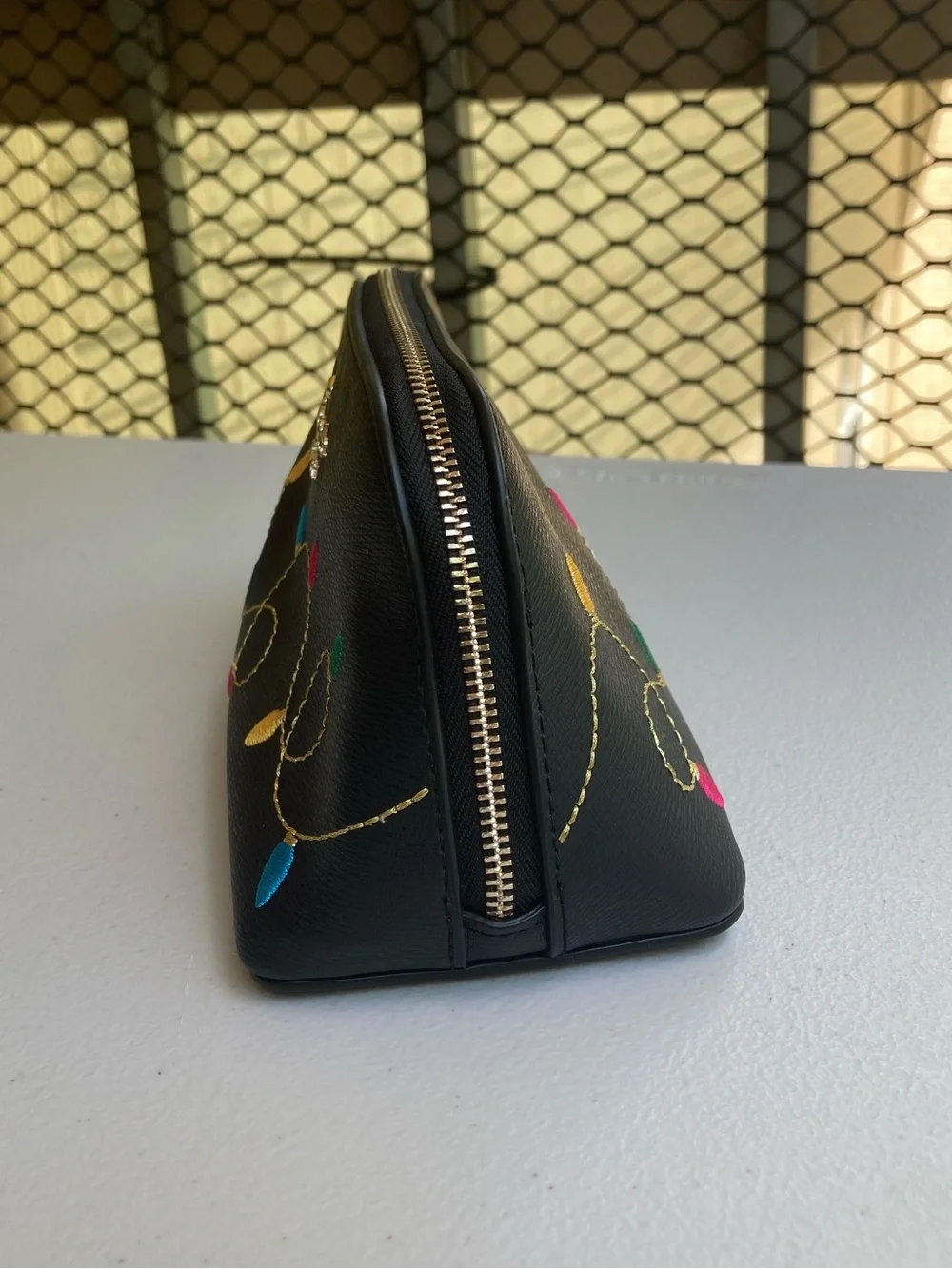 Kate Spade Holiday Christmas String Lights Makeup Cosmetics Bag Black Leather