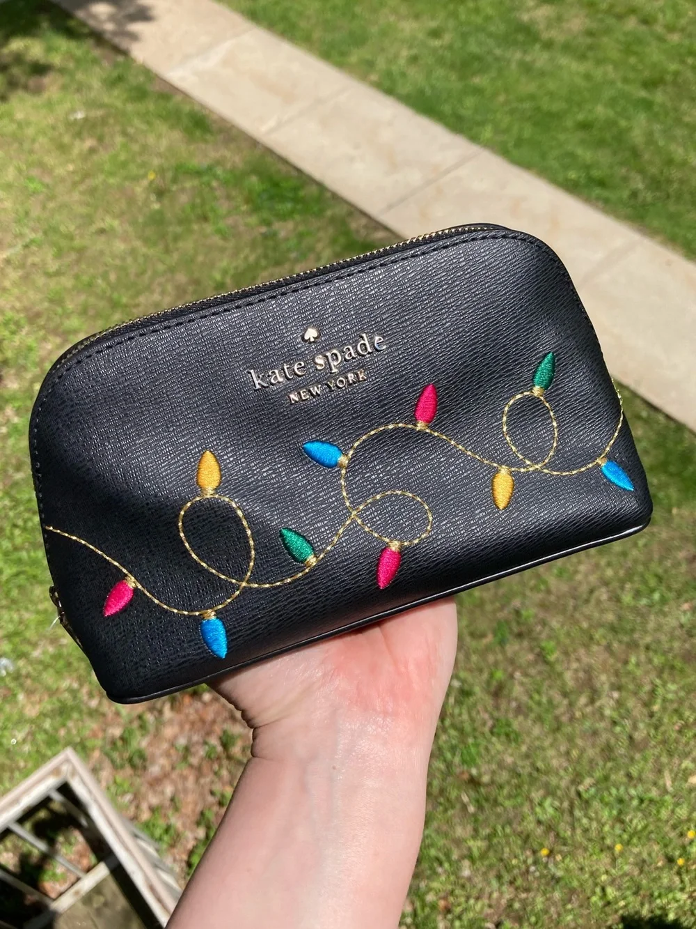Kate Spade Holiday Christmas String Lights Makeup Cosmetics Bag Black Leather